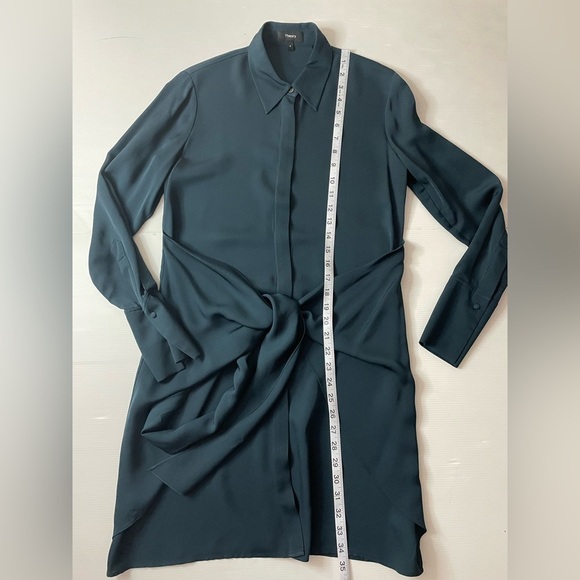 Theory Talbilla Knotted Silk Crepe De Chine Shirt Dress Deep Blue Green Sz 0 - Picture 6 of 11